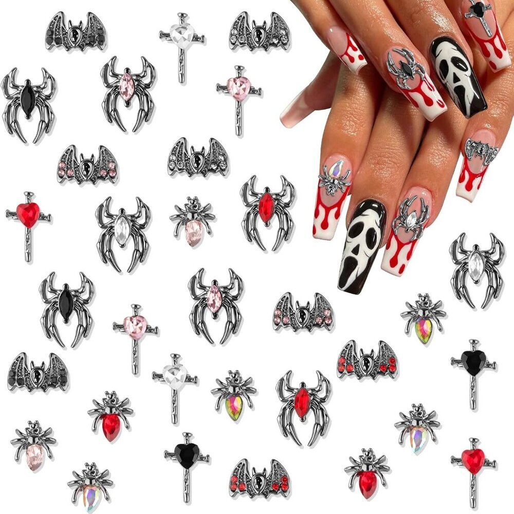 32PCS Halloween Spider Nail Rhinestones, 3D Retro Halloween Nail Art Charms Spid